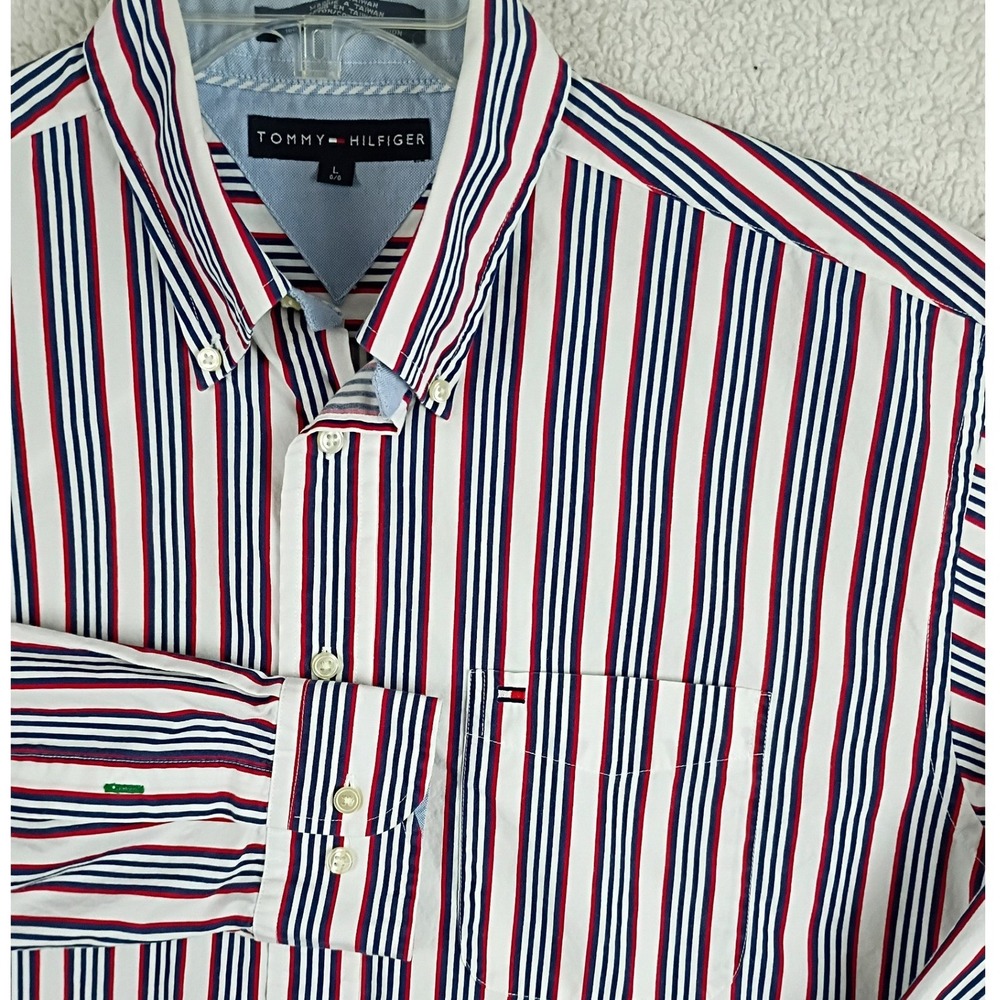 Vintage Tommy Hilfiger Striped Button Down Shirt Mens Large White Red Blue 90s
